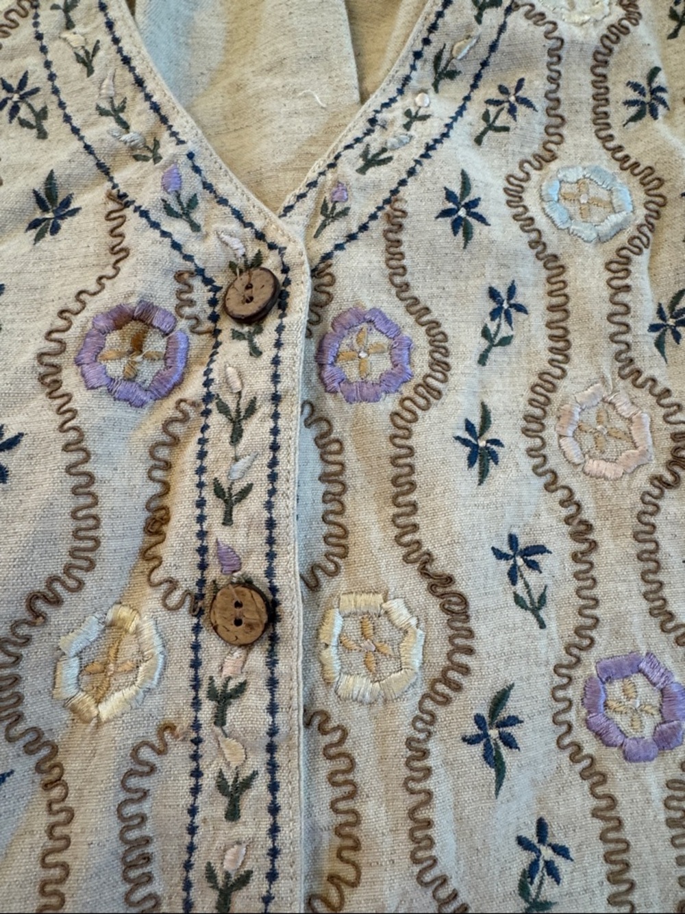 Vintage Floral Embroidered Cotton Linen Vest Button Front V-Neck-L-Boho-Read - Picture 3 of 7
